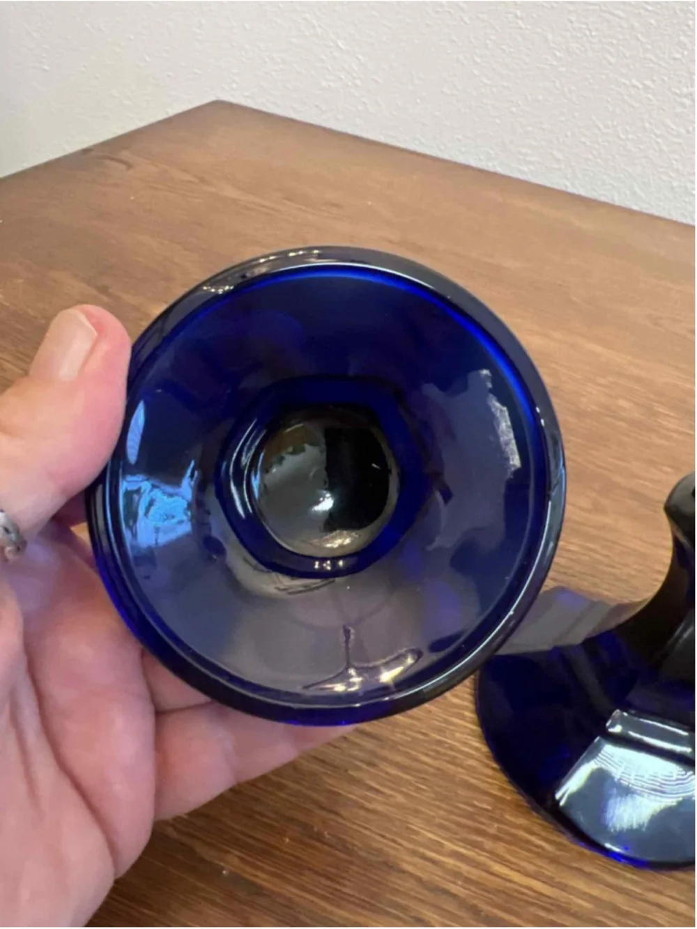 Vintage Cobalt Blue Glass Candlesticks Faceted Octagon Base 5.5” Pair Set Of 2